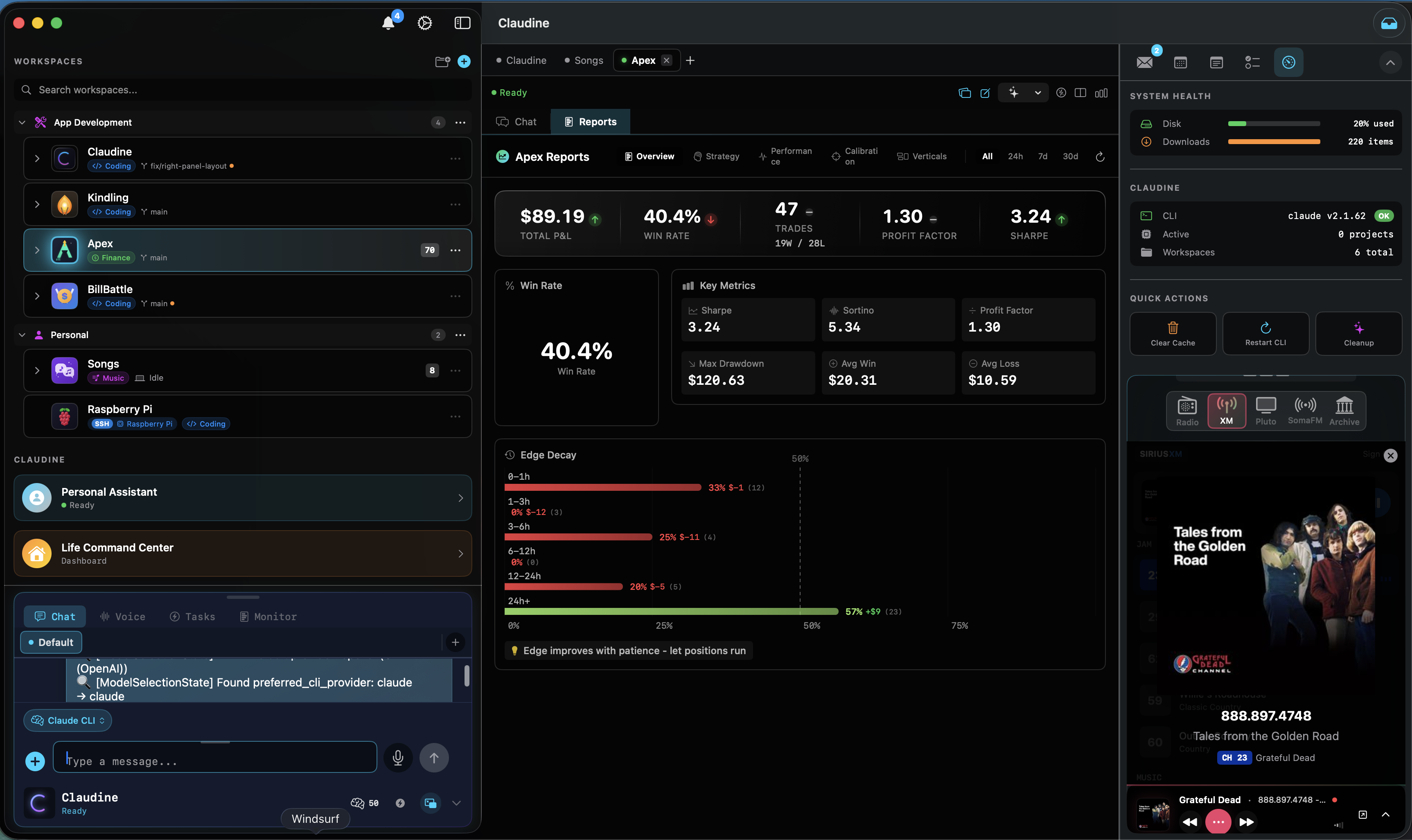 Claudine app showing workspaces, trading reports, AI chat, and media controls